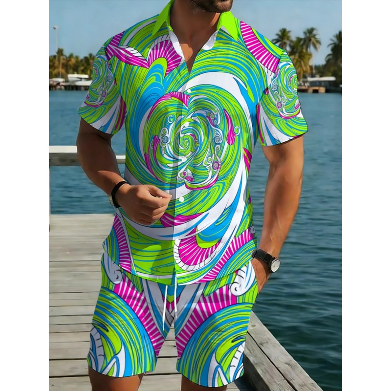 Printed Floral Shirt - Geen textuur, swirl-print, zomershirtset voor heren,