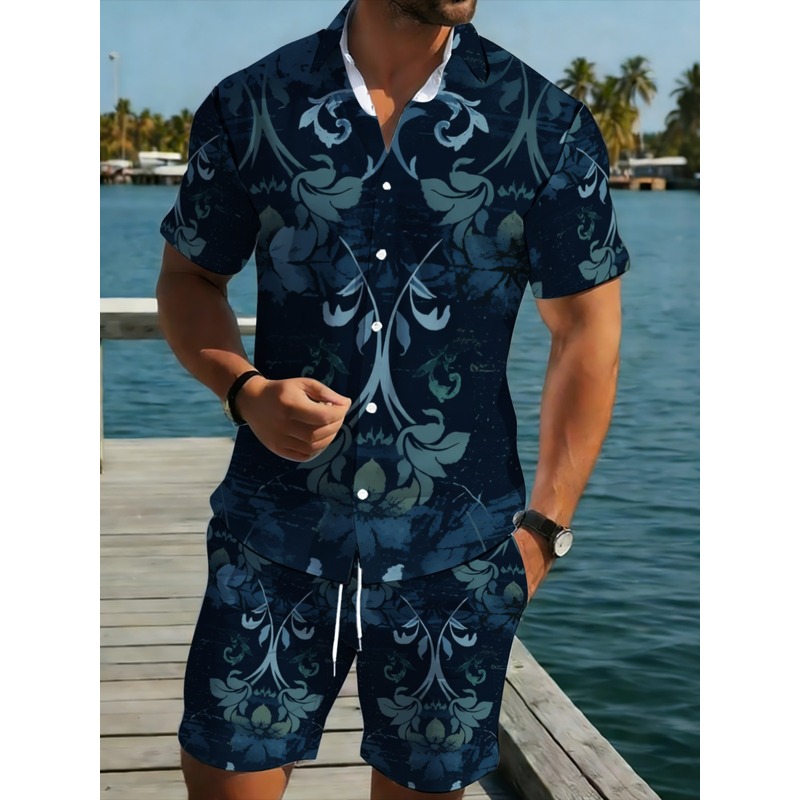 Printed Floral Shirt - Marineblauw bloemenprint heren shirt met korte