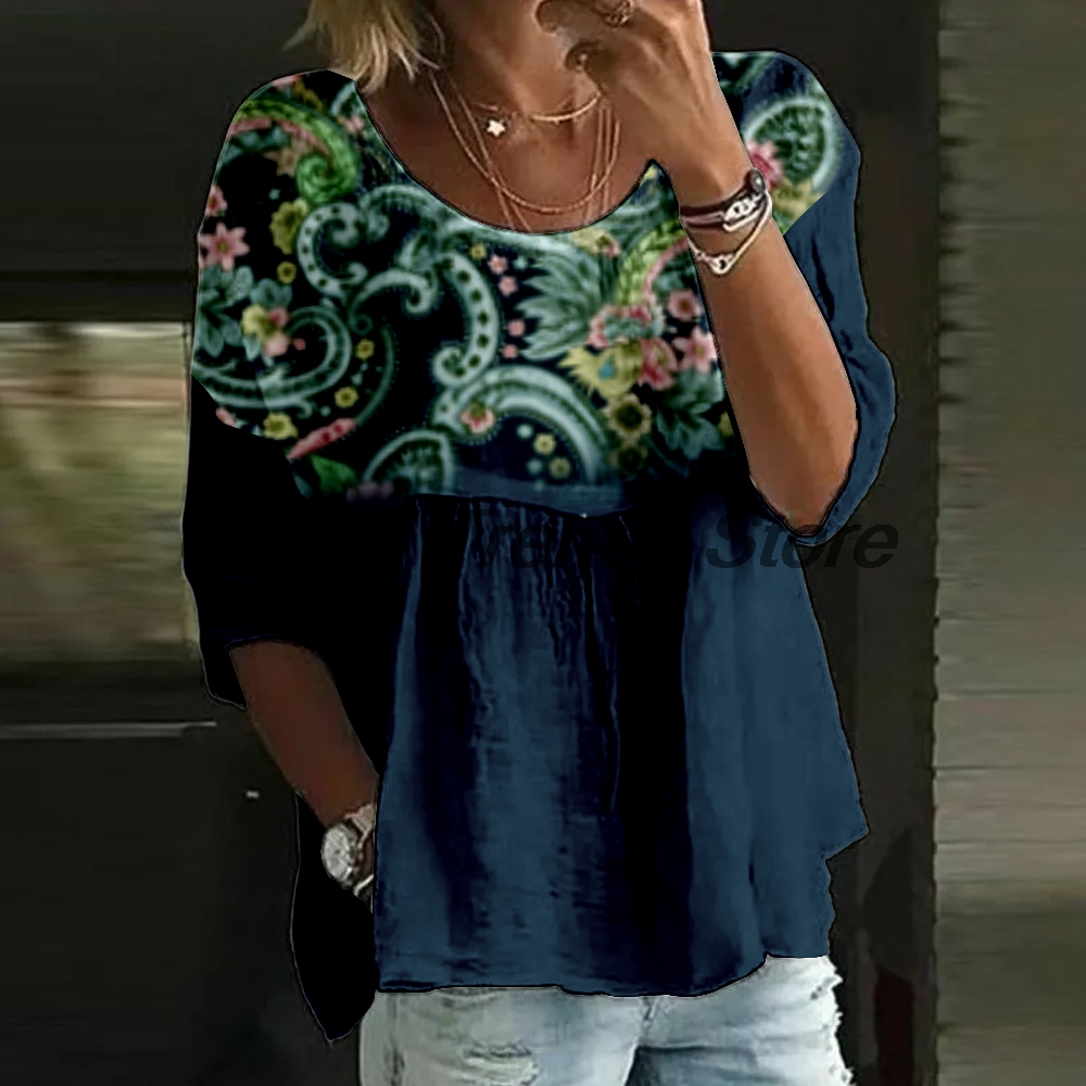 Printed Floral Shirt - Casual damesblouse met bloemenprint, 3/4 mouwen,