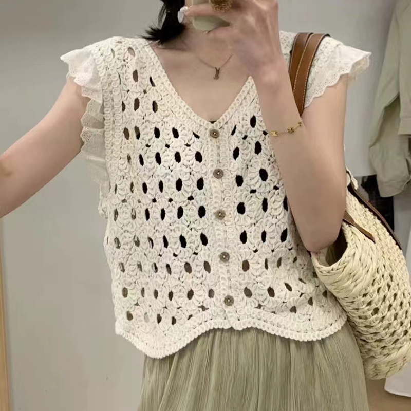Crochet Top Boho - Ruche Trim Gehaakte Vest Top Knop