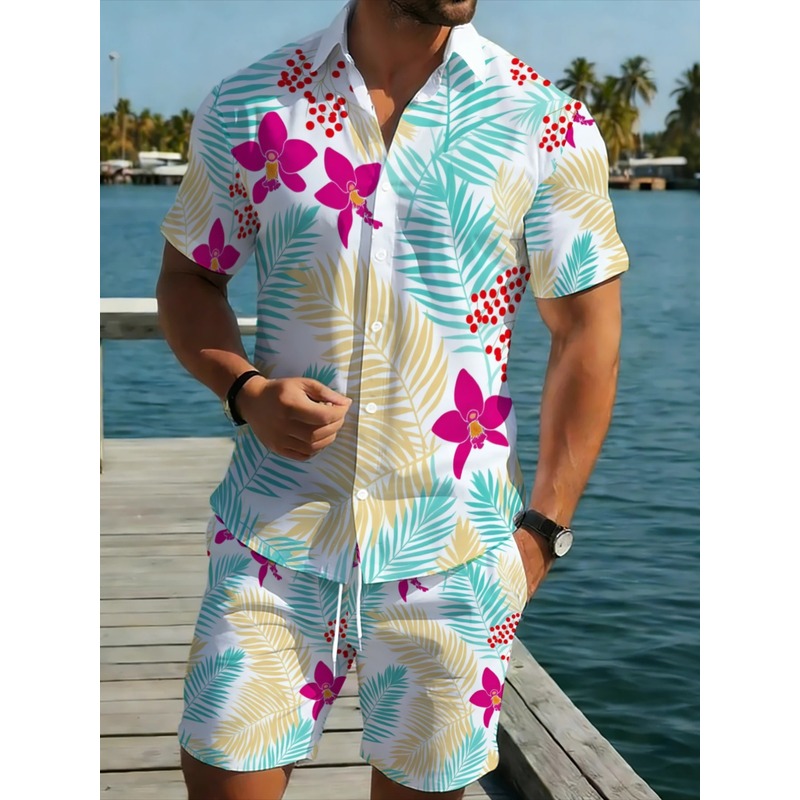 Printed Floral Shirt - Herenset met tropische bloemenprint, korte mouwen