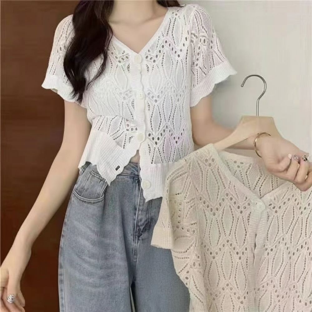 Crochet Top Boho - Mode gehaakte top met V-hals Opengebreide