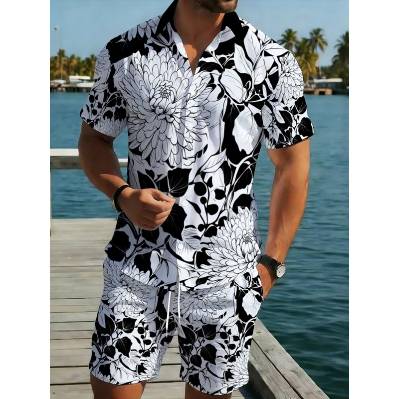 Printed Floral Shirt - Heren overhemdset met bloemenprint, korte mouwen,