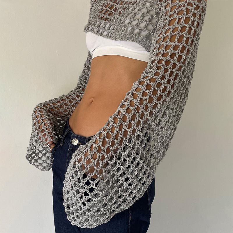 Crochet Top Boho - Lange mouw gehaakte crop top zomer