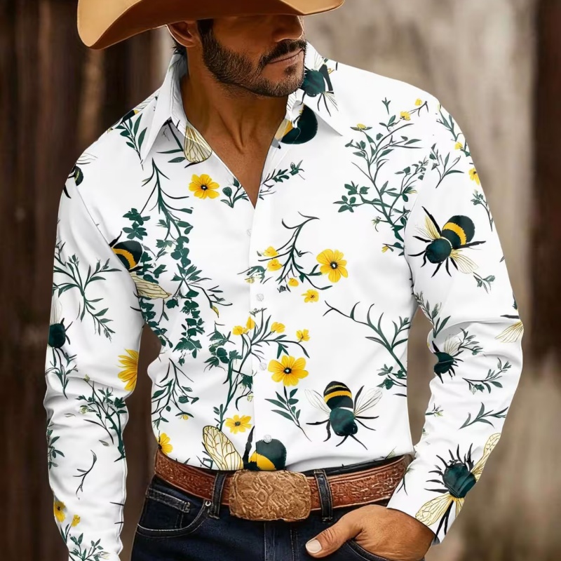 Printed Floral Shirt - Heren overhemd met bloemenprint, lange mouwen,