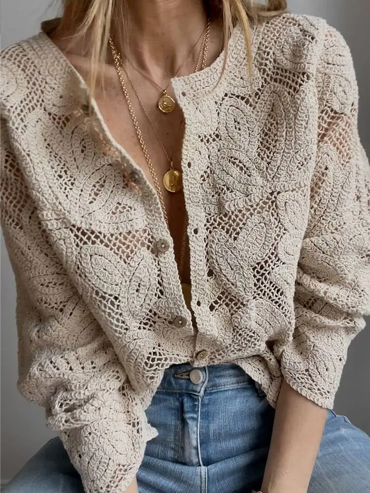 Crochet Top Boho - Dames gehaakt gebreide shirts met knopen,