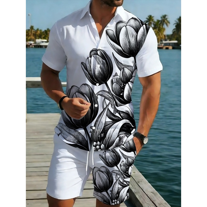 Printed Floral Shirt - Wit bloemenprint shirt en shorts set