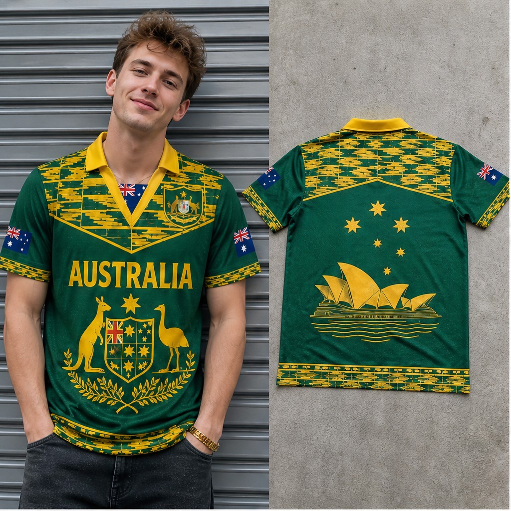 Vintage Fashion Australia - Herenshirt Australië met sierlijke kangoeroe-emu-embleem, semi-polo